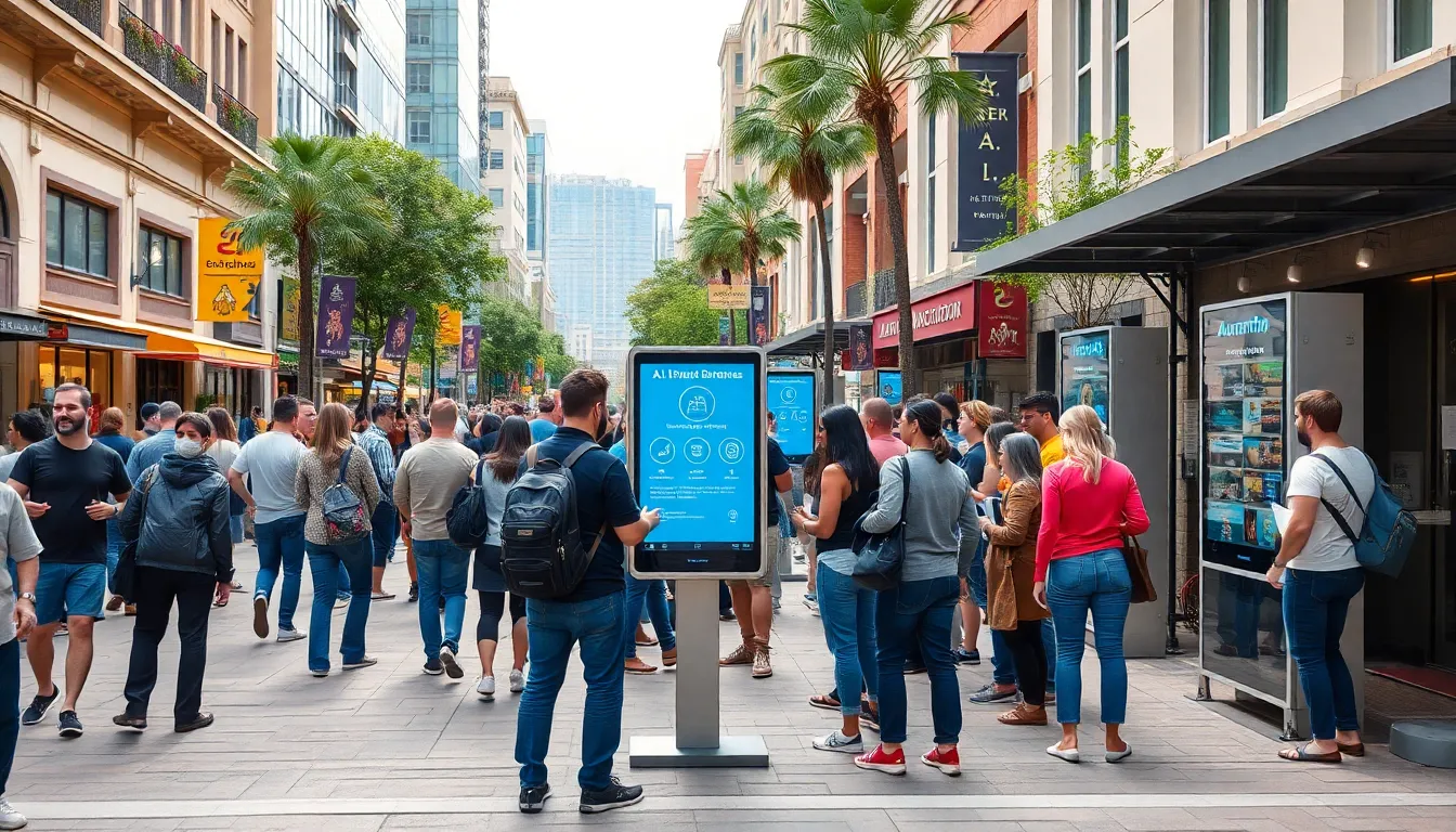 A bustling local business environment in Marathon that highlights the integration of A.I. tools, illustrating how companies are enhancing efficiency and transforming operations
