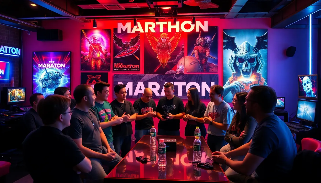 Developers collaborating in a modern studio environment, brainstorming ideas for Marathon's innovative gameplay mechanics and stylish design
