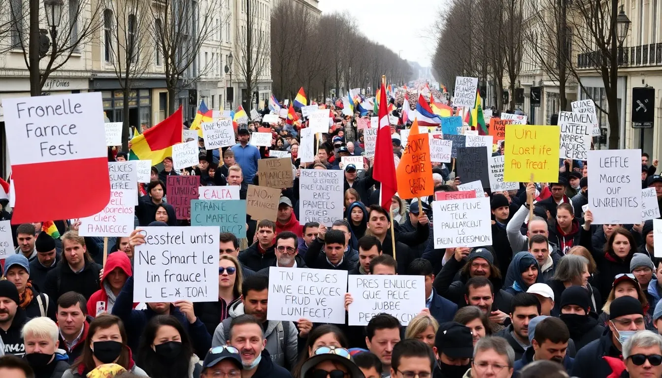 Protesters gather in a crowded street in France, holding signs and chanting slogans to express their discontent with government policies on March 15, 2023.