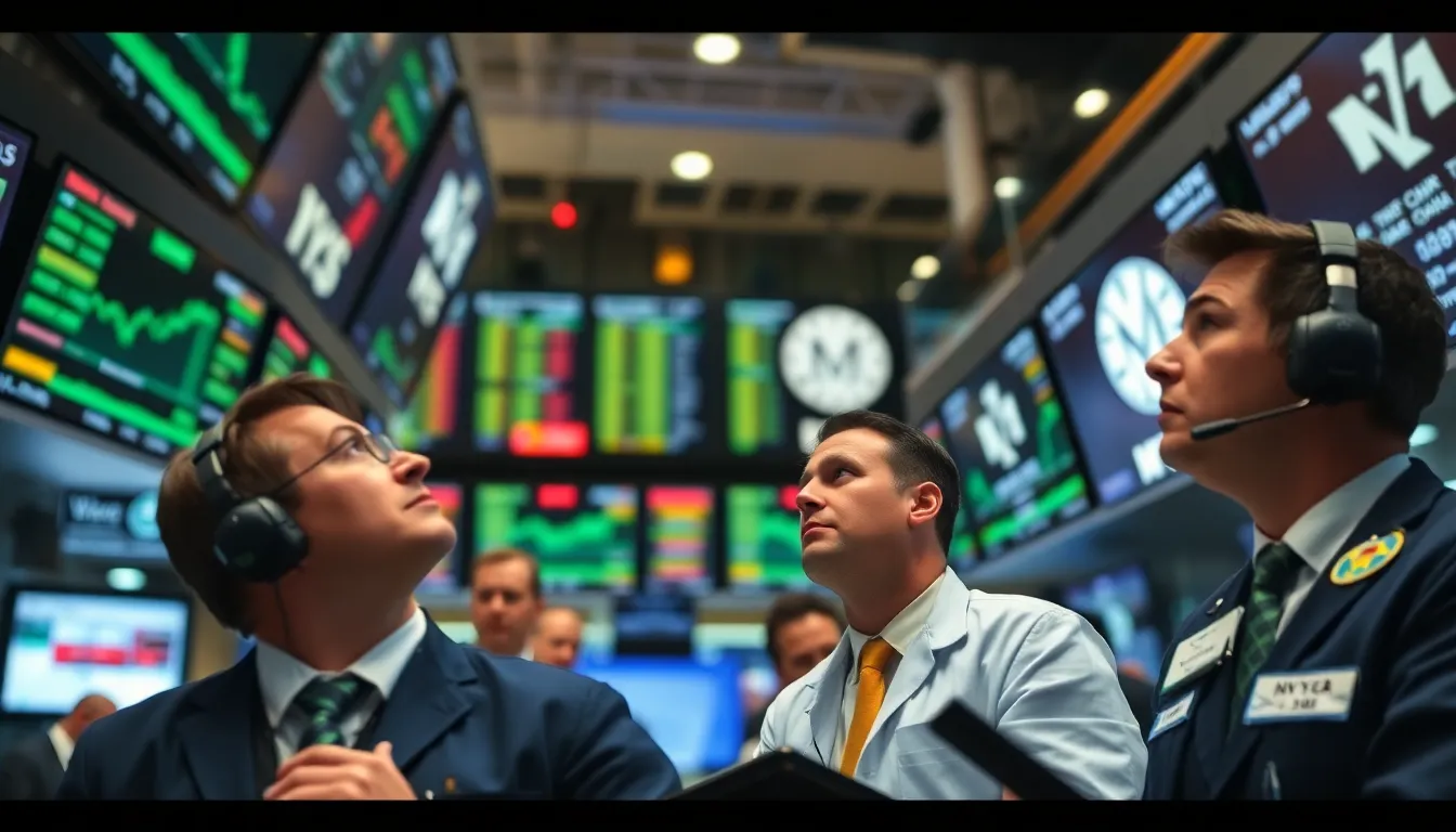 Traders observe fluctuating stock prices on a busy trading floor as uncertainty looms over the Federal Reserve's future direction following Jerome Powell's impending departure.