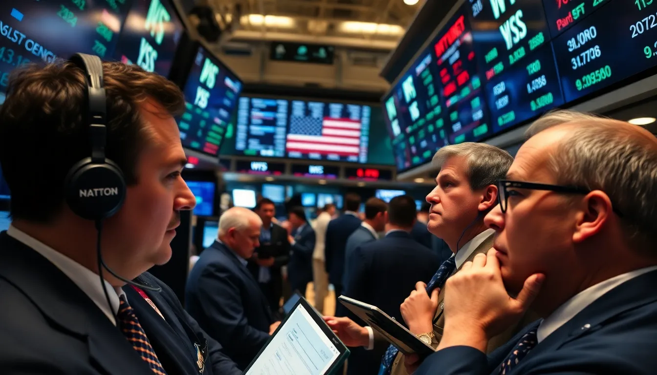 A bustling trading floor filled with market participants reacting to the latest economic indicators and Fed announcements