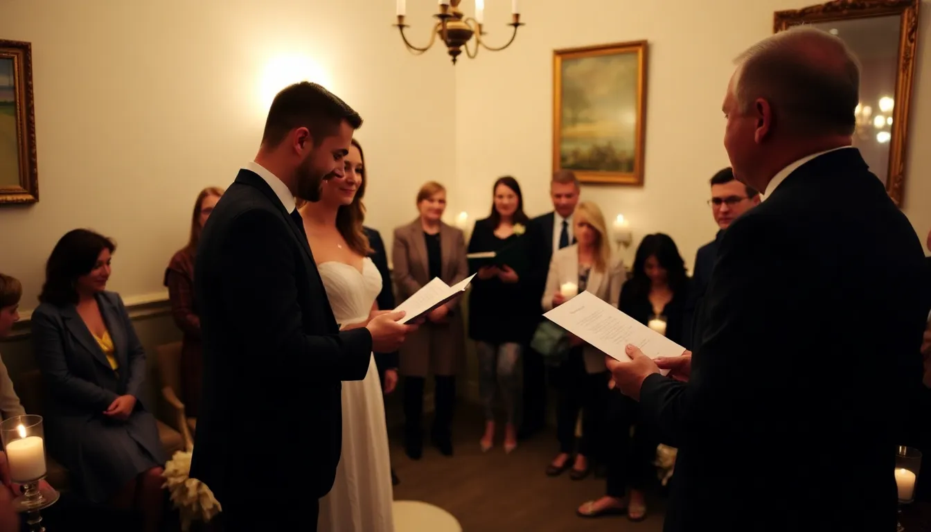 A couple stands together in a small, candlelit room, surrounded by friends and family, as they exchange vows in an intimate ceremony that reflects their decision to prioritize personal commitment over traditional wedding expectations.