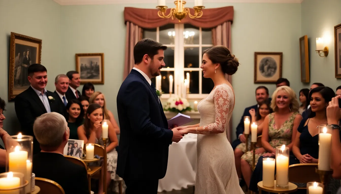 A small, intimate wedding ceremony taking place in a serene outdoor setting, reflecting the growing trend of couples opting for simpler celebrations