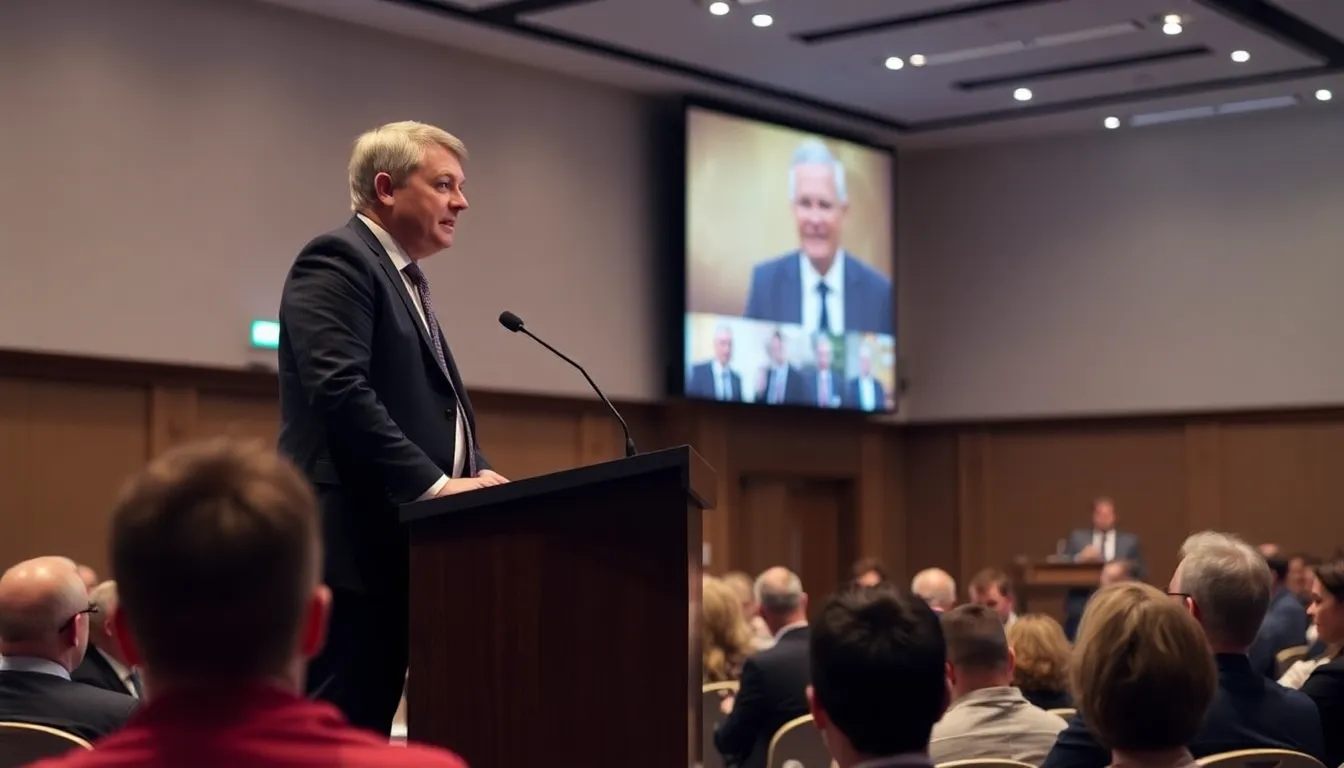 An audience watching intently as Martin Clunes discusses the impact of media representation and ethics in a public forum