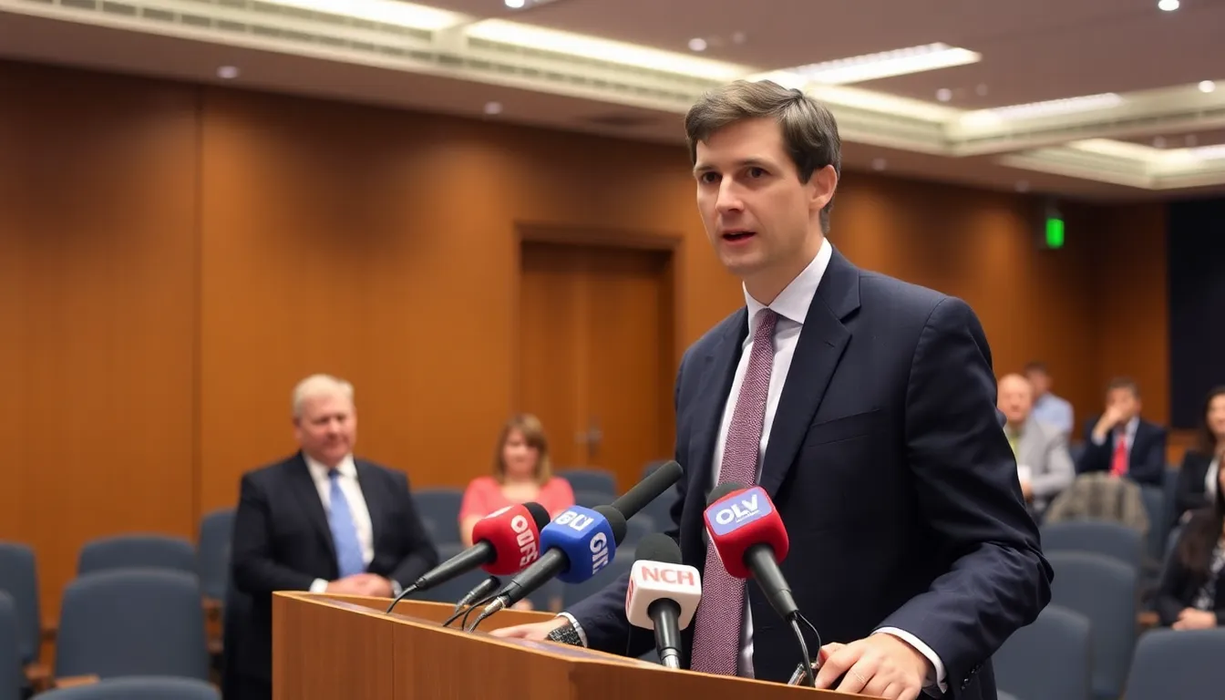 Matt Brittin stands at a podium during a press conference, addressing questions about his potential candidacy for the BBC leadership amid ongoing discussions about the future of public broadcasting.
