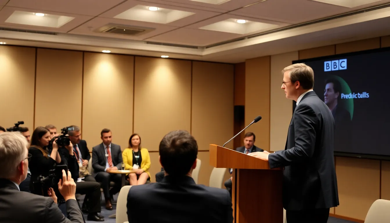 Matt Brittin, the newly appointed leader at the BBC, speaks to a group of journalists during a press conference addressing the challenges facing the organization in the digital age.