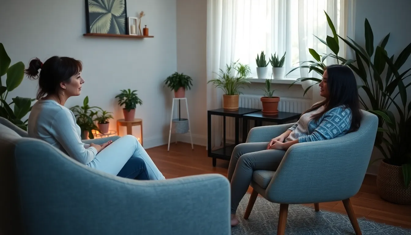 A healthcare professional reviewing treatment options and discussing the potential benefits of MDMA therapy with a patient in a cozy office