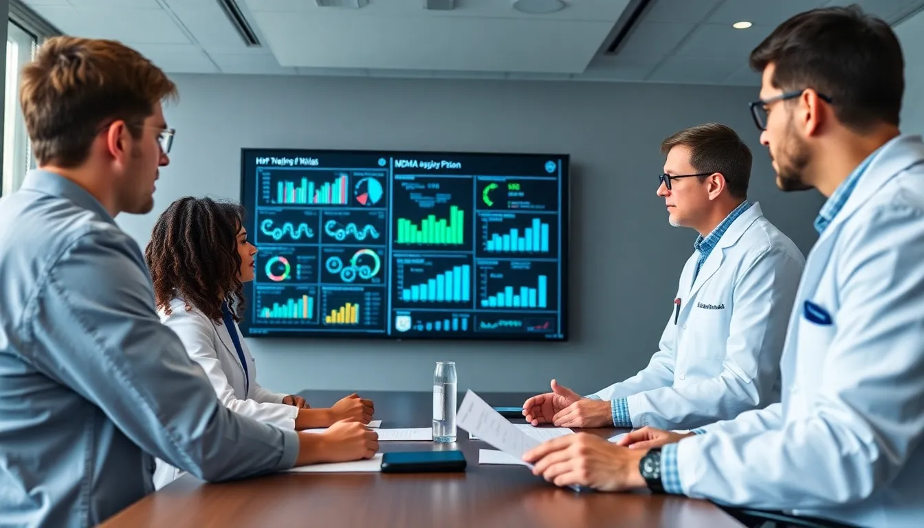 A group of researchers discusses findings from clinical trials on MDMAassisted therapy for PTSD in a modern conference room filled with charts and data displays.