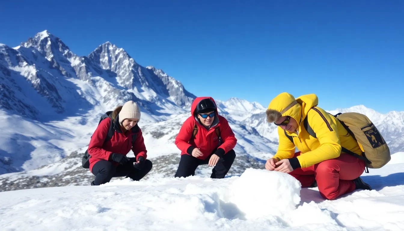 Scientists in the Sierra Nevada mountains collect snow samples at high altitudes to validate satellite measurements for accurate snow cover assessment.