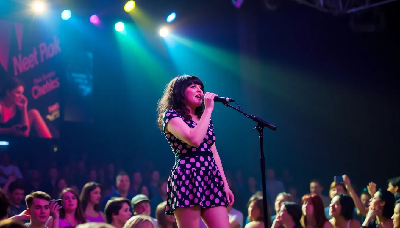 Melanie Martinez performs on stage, passionately addressing the audience while promoting her new album that tackles issues like toxic masculinity and climate change.