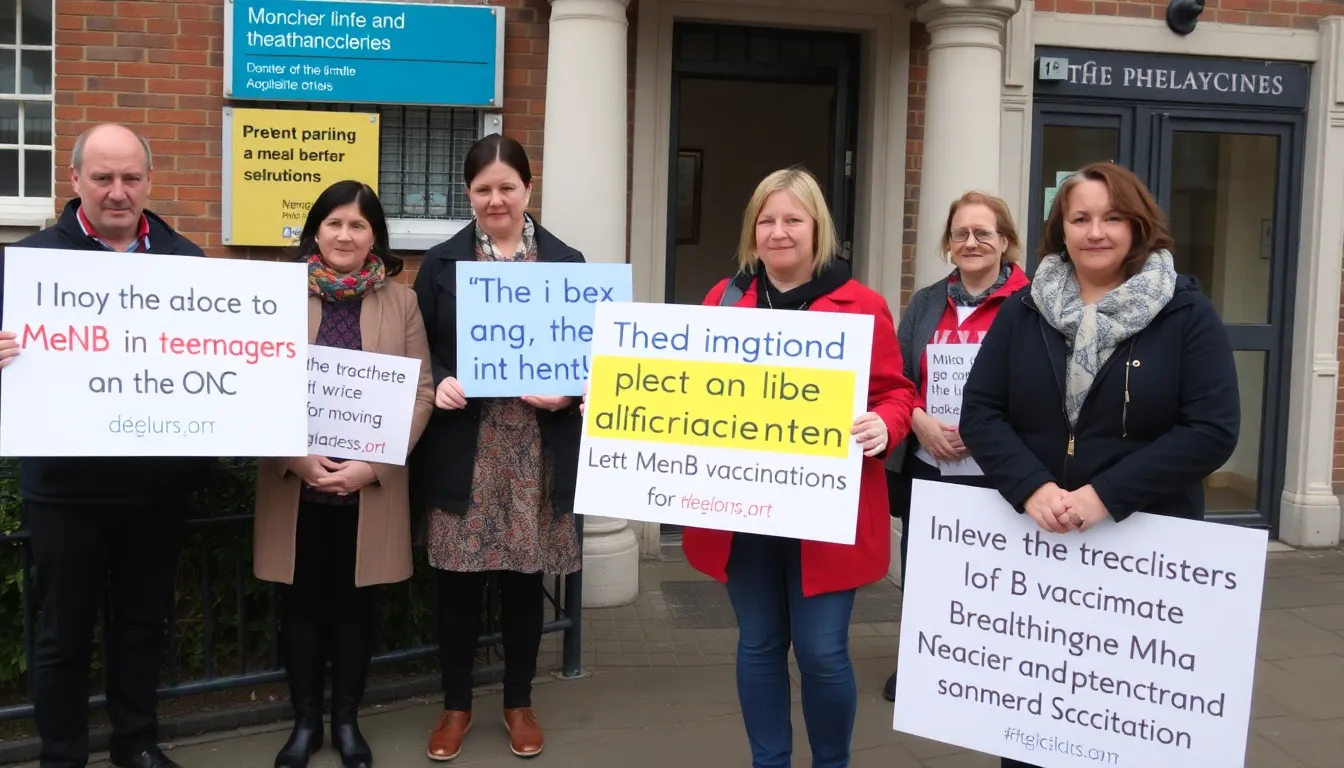 A group of concerned parents and health advocates gather outside a health clinic in the UK, holding signs calling for the inclusion of teenagers in the MenB vaccination program amid rising cases of meningococcal disease.