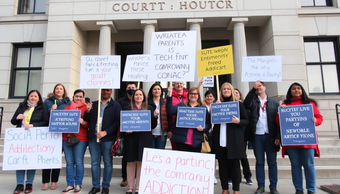 A group of parents and advocacy representatives stands outside a courthouse, holding signs that demand accountability from tech companies for social media addiction.