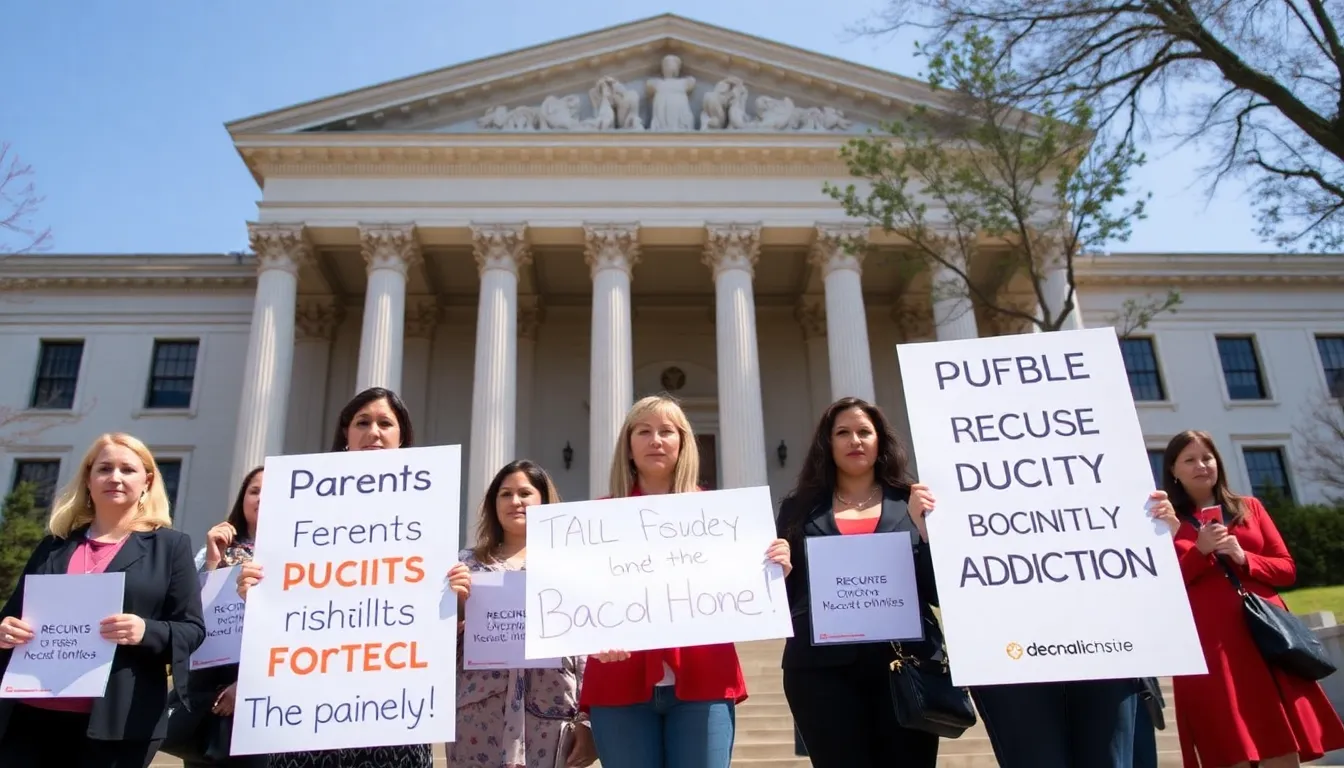 Advocates holding signs that call for accountability and safer online environments during a public rally