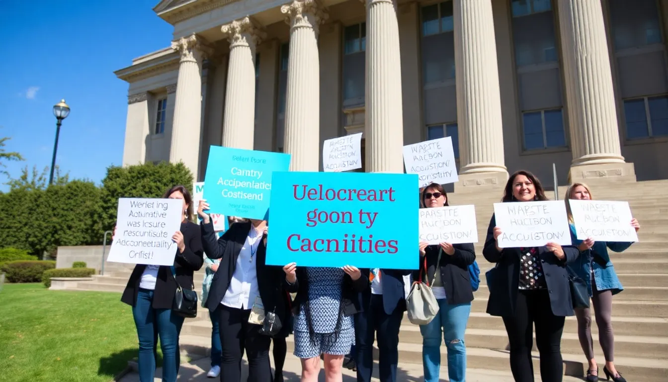 A group of parents and advocacy representatives stands outside a courthouse, holding signs that demand accountability from social media companies for their role in youth addiction.