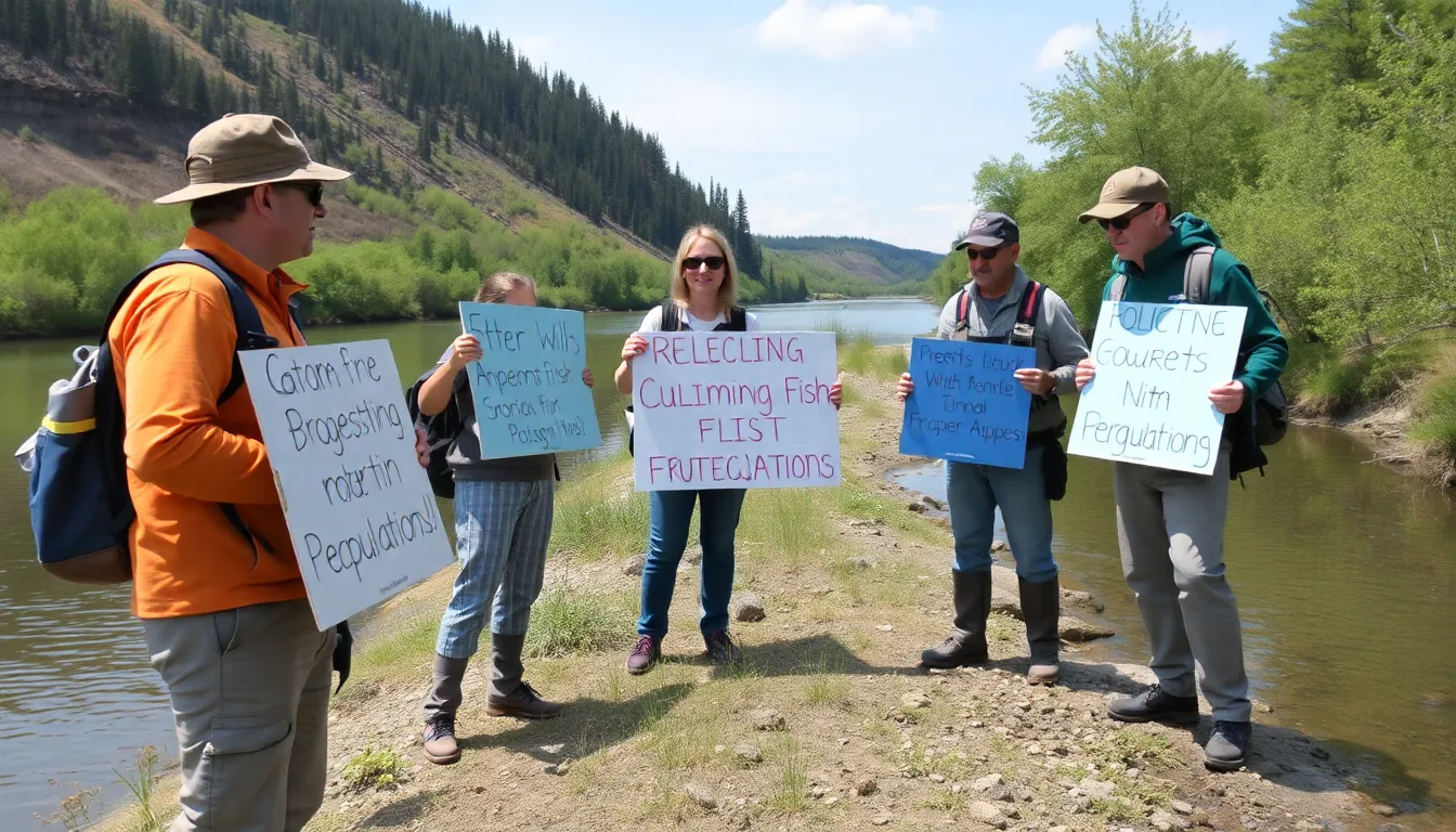 A group of conservationists gathers by a riverbank, discussing strategies to protect declining migratory fish populations while holding signs advocating for stronger environmental regulations.