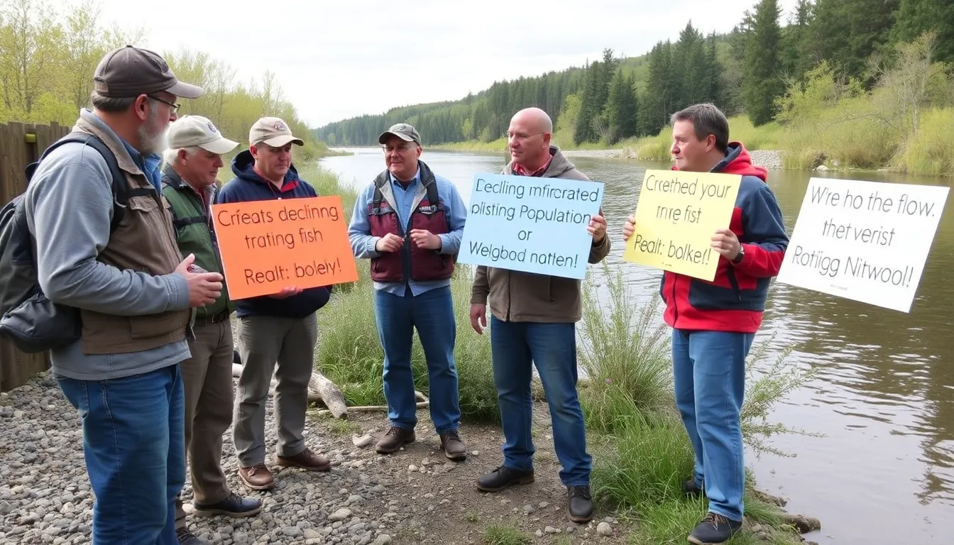 A group of environmental activists rallying for stronger regulations to safeguard migratory fish corridors, emphasizing the urgency of conservation efforts