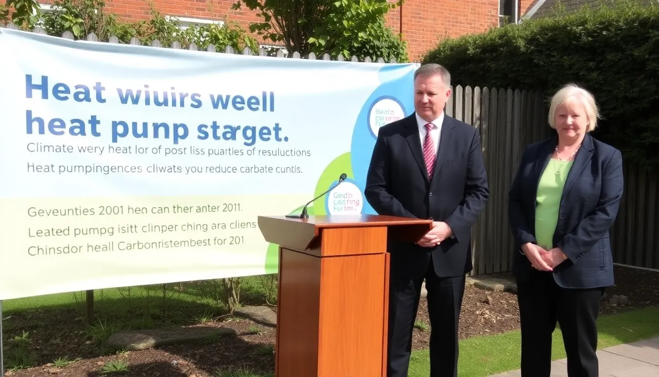 Government ministers gather at a podium to announce new heat pump installation targets as part of a climate initiative aimed at reducing carbon emissions.