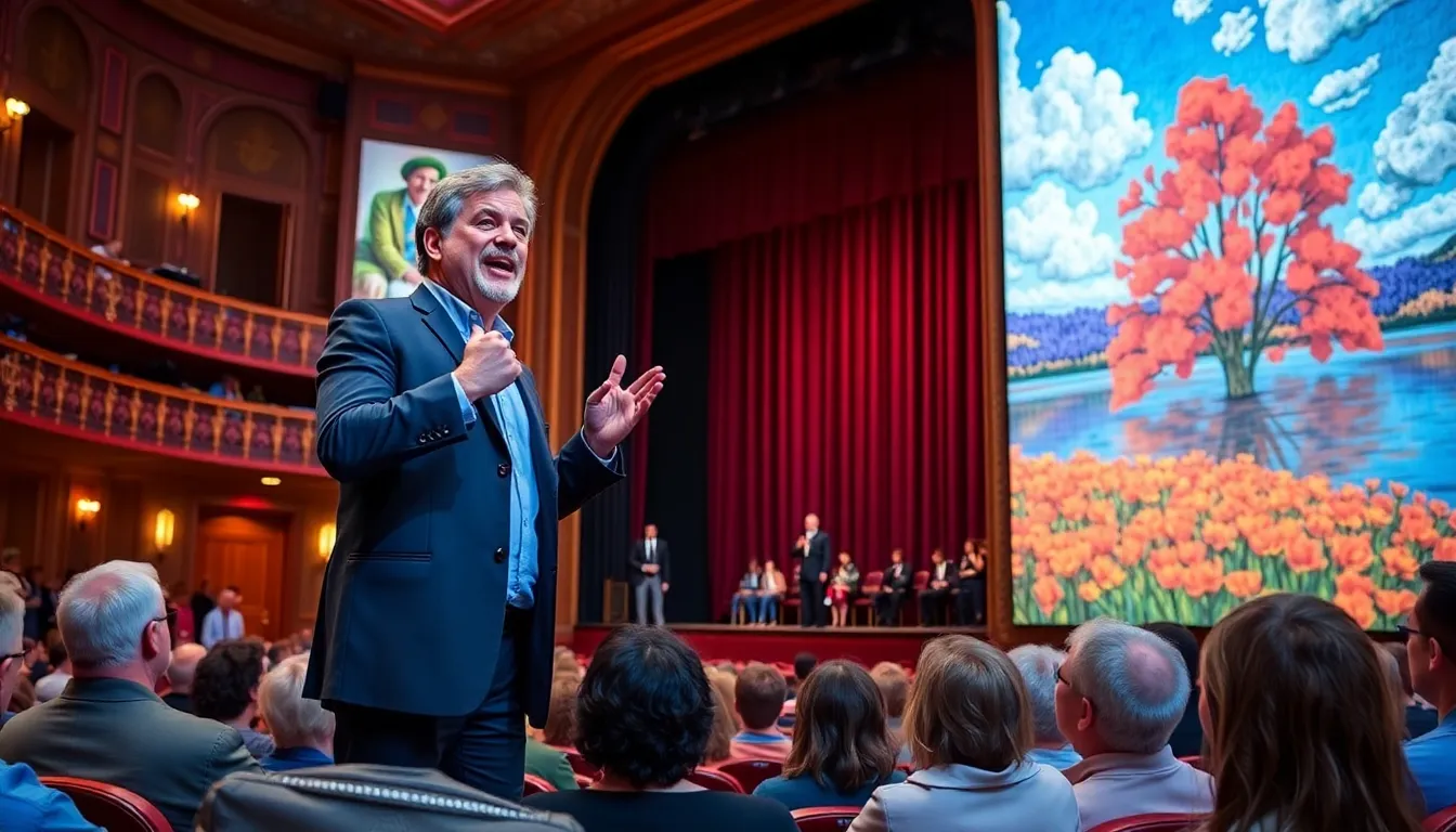 A lively scene from the Grand Theatre showcases actor John Smith delivering a powerful performance in a musical that intertwines the life of Claude Monet with themes of nostalgia and selfdiscovery.
