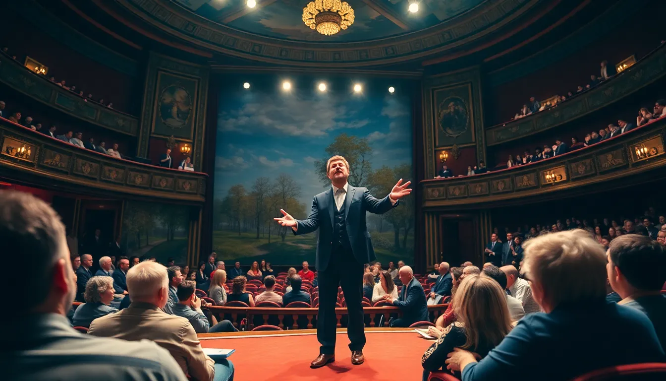 A group of actors engaging in a lively rehearsal, showcasing the blend of humor and emotion that defines the musical's approach to exploring Monet's life
