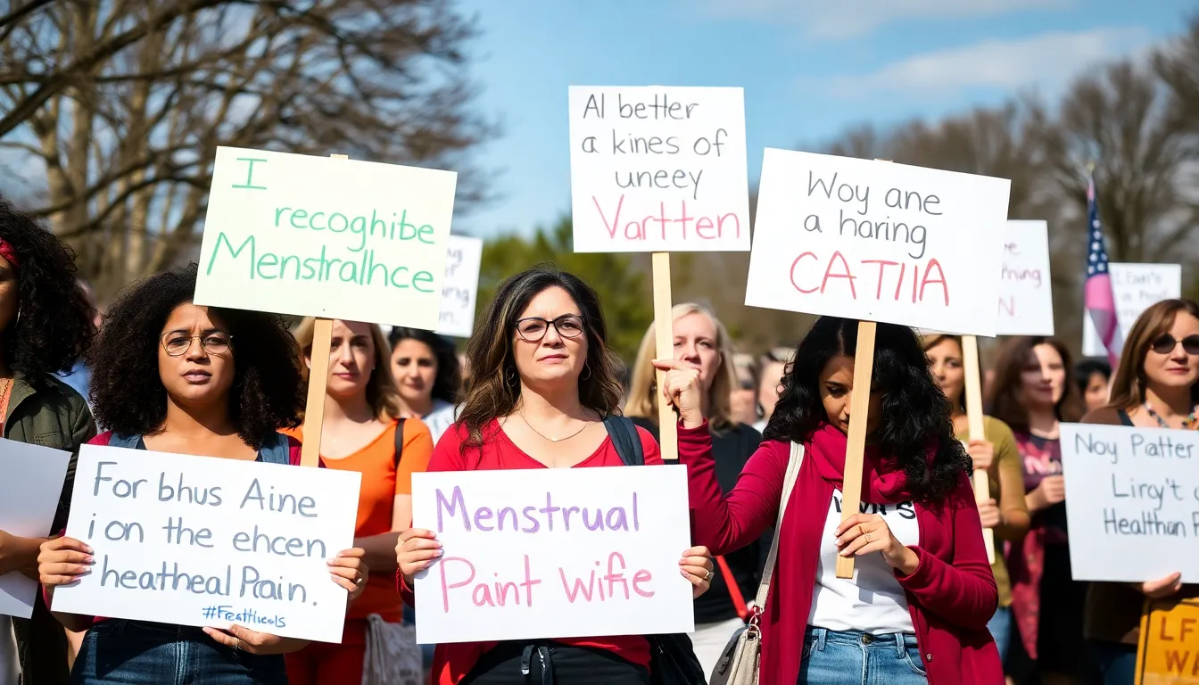 A group of women gather at a rally, holding signs advocating for better recognition and treatment of menstrual pain, while expressing their frustrations with the healthcare system.