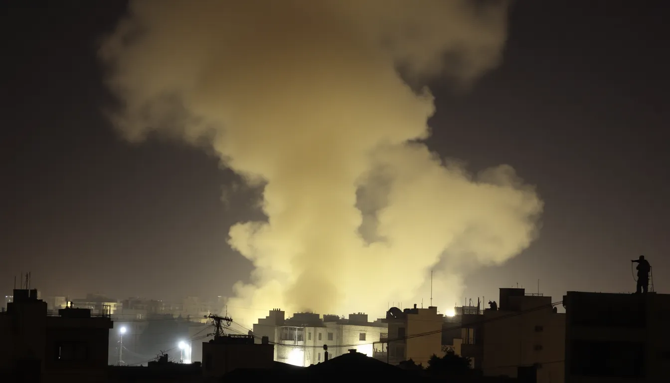Smoke billows from buildings in Gaza as airstrikes illuminate the night sky, reflecting the intensity of the ongoing military conflict.