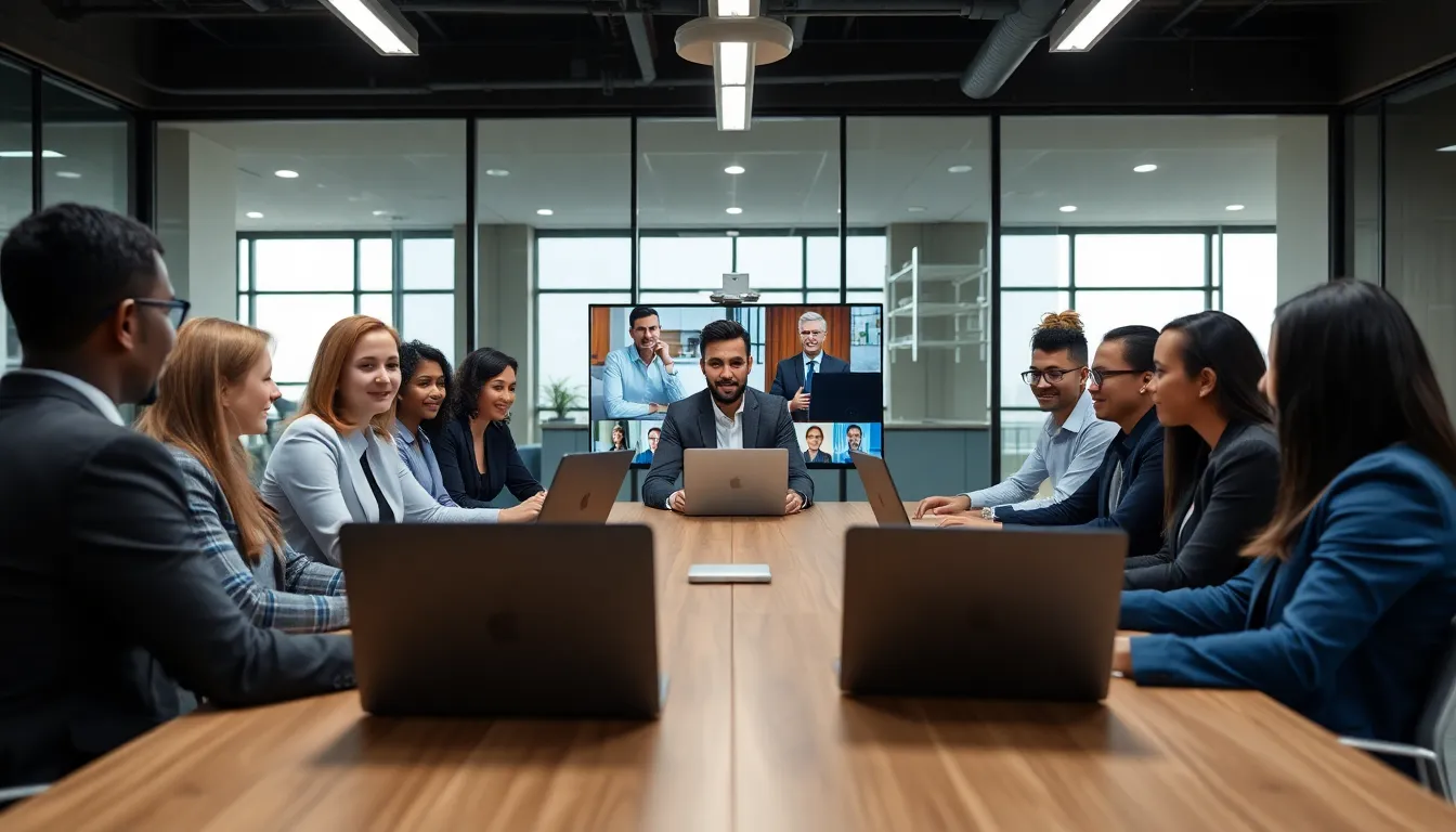 A group of professionals engages in a virtual meeting using a video conferencing platform, highlighting the shift towards remote work technology in modern workplaces.