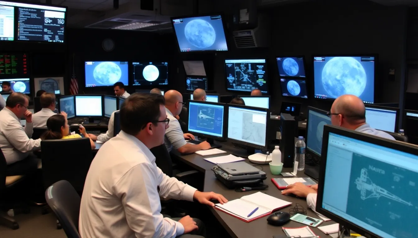 NASA engineers and scientists work together in a control room, monitoring data and discussing strategies for the upcoming Artemis II mission to the Moon.
