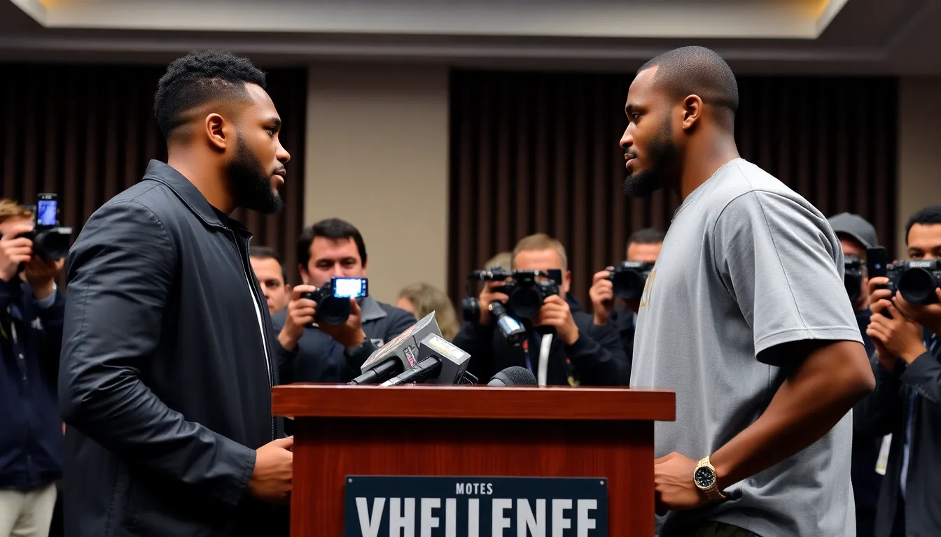 Moses Itauma and Jermaine Franklin face off during a press conference, with both fighters displaying intense focus and determination as they prepare for their upcoming boxing match.