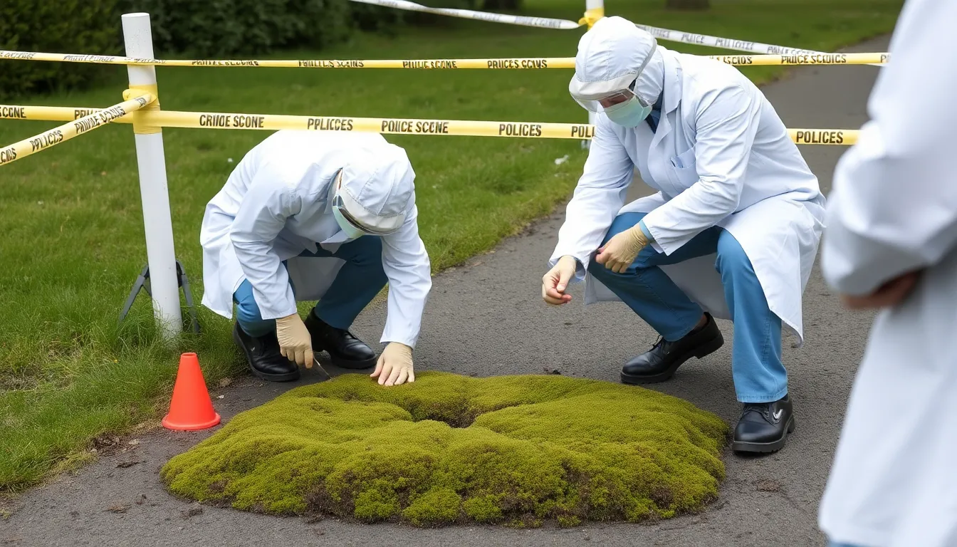 Forensic experts examine a patch of moss at a crime scene, highlighting its potential to reveal important environmental clues related to the investigation.