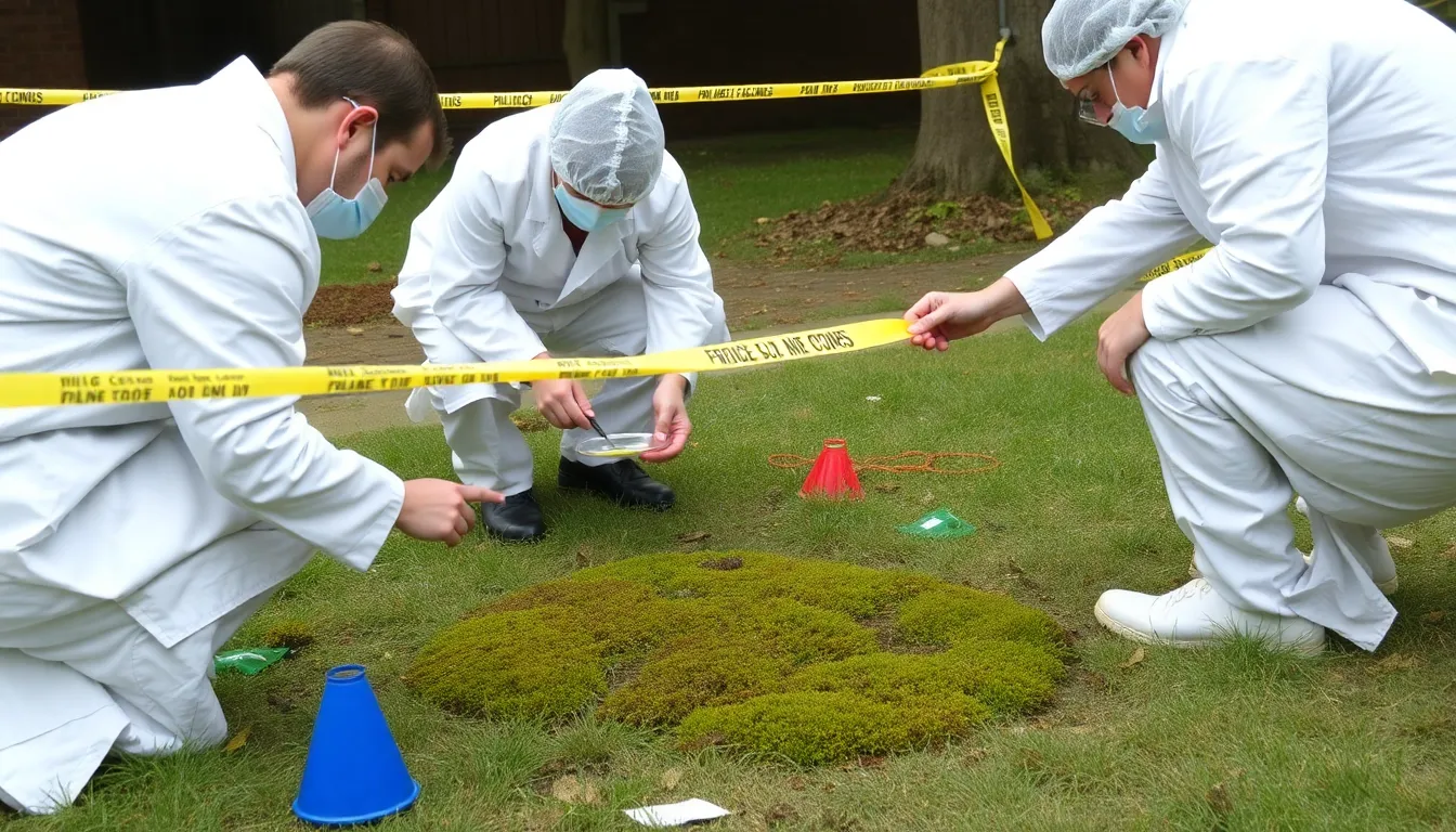 Forensic scientists examining moss samples collected from shoes, highlighting its use in determining suspect movements