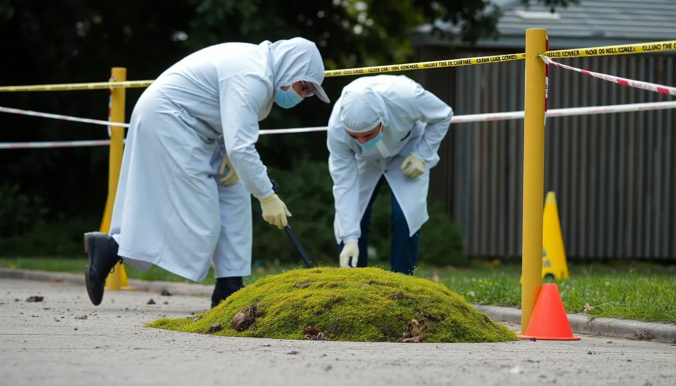 A closeup view of moss growth patterns on a surface, demonstrating its significance in establishing timelines for criminal events