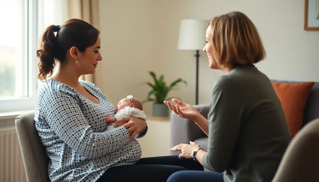 A mother sits in a cozy, welllit room, cradling her baby while speaking with a mental health professional, emphasizing the importance of support in maternal mental health care.