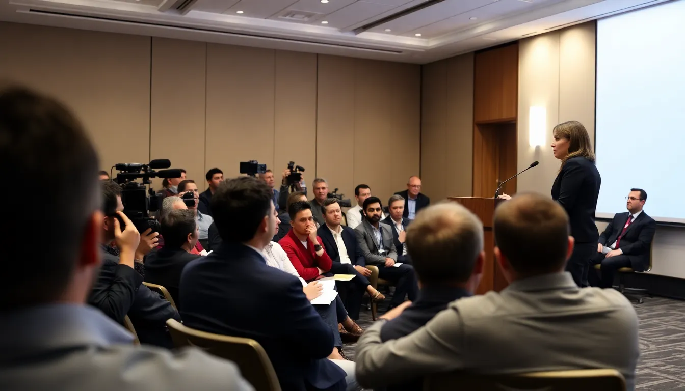 Gaude Lydia Paez speaks at a press conference announcing her appointment as Chief Communications Officer for MrBeast's Beast Industries, surrounded by media representatives and company executives.