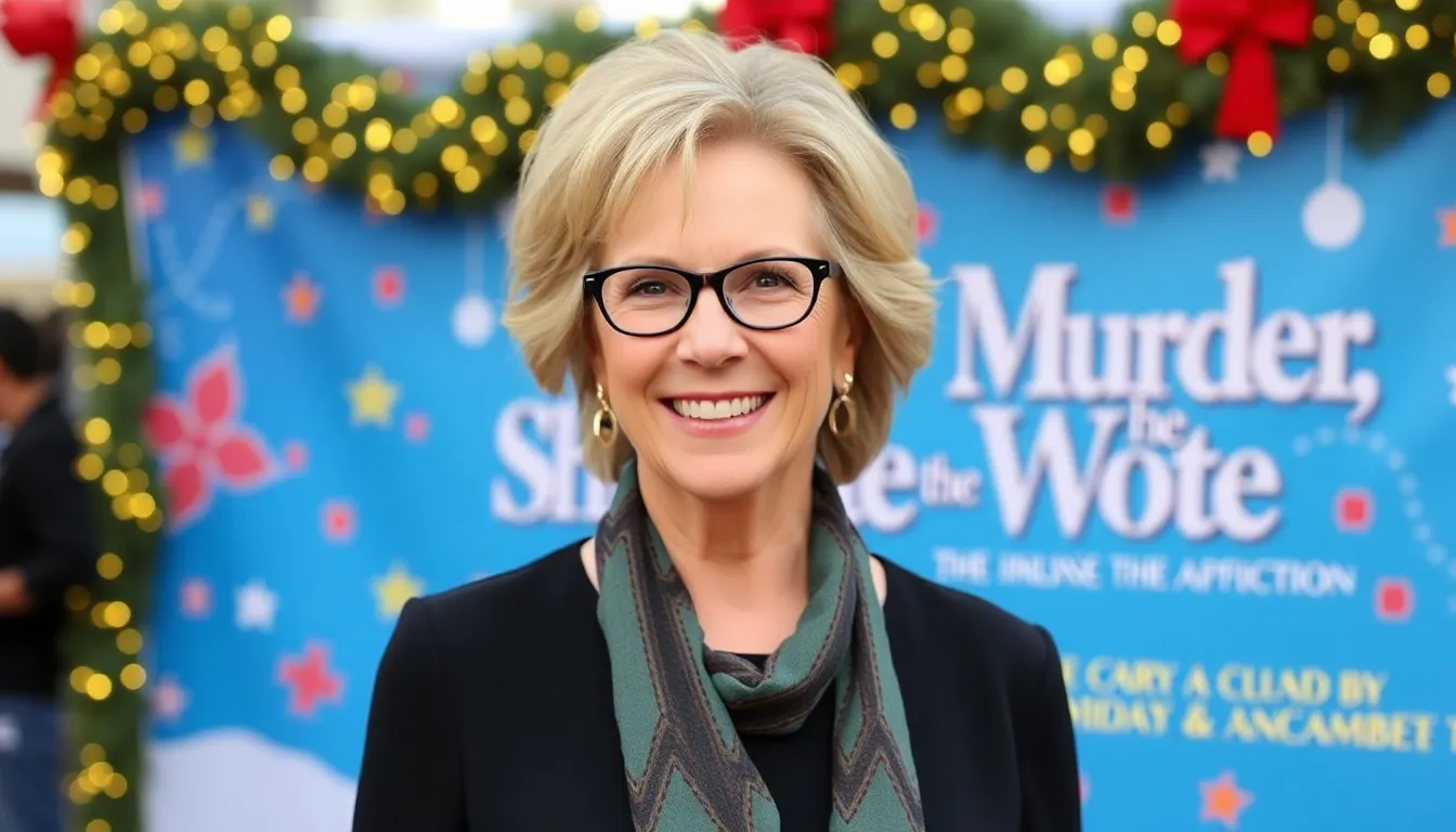 Jamie Lee Curtis smiles as she stands in front of a festive backdrop announcing the Christmas 2027 release of the film adaptation of the classic television series "Murder, She Wrote."