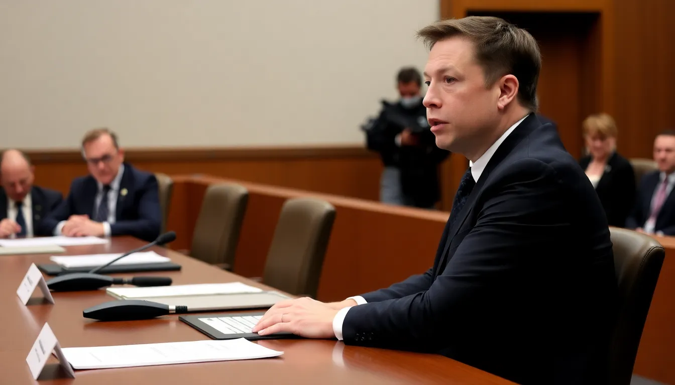 Elon Musk sits at a courtroom table, speaking to the jury during a trial regarding his controversial 2018 tweets about taking Tesla private.