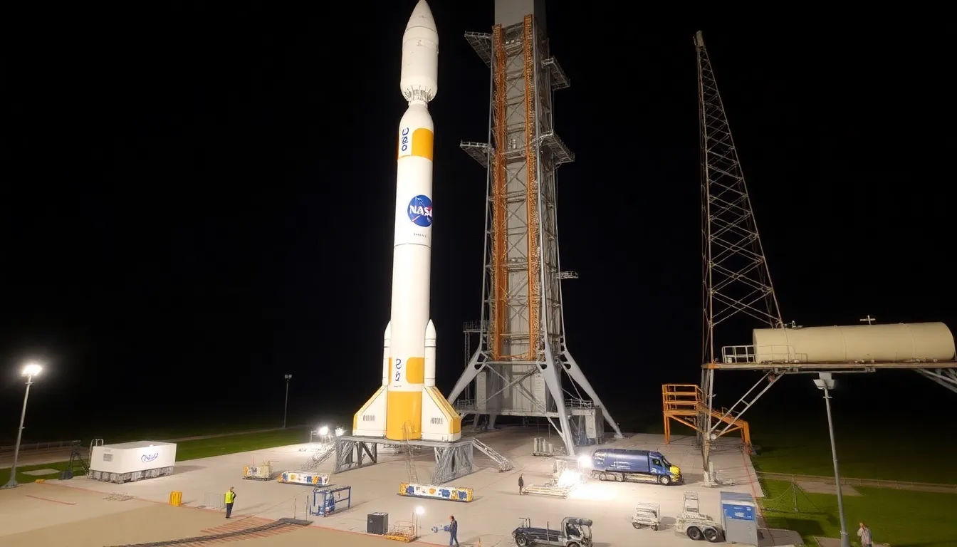 NASA's Artemis Moon rocket stands on the launch pad at Kennedy Space Center in Florida, ready for a potential launch in April after overcoming previous technical challenges.