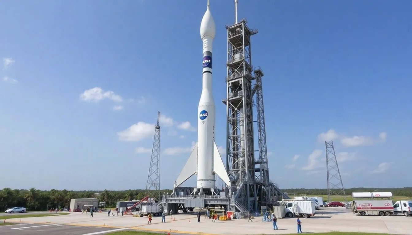 Engineers diligently work on the rocket's fueling system, ensuring all technical issues are addressed before the launch