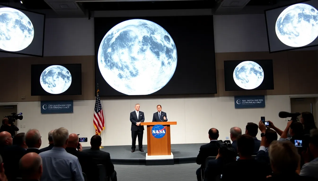 A diverse group of international space agency representatives gathered around a table, discussing potential collaborations on lunar exploration projects in light of NASA's new direction