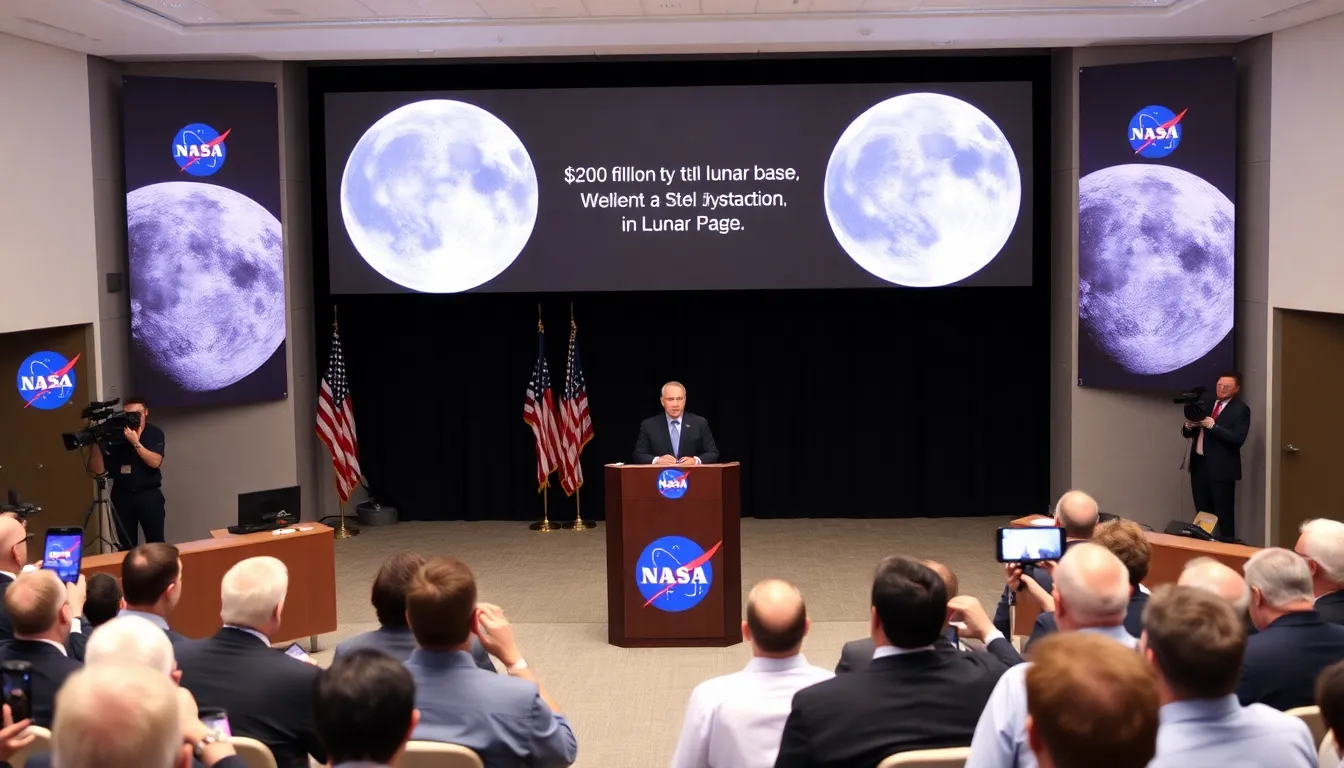 NASA officials announce a  billion investment in a lunar base during a press conference, highlighting the agency's strategic shift from an orbiting space station to lunar exploration.