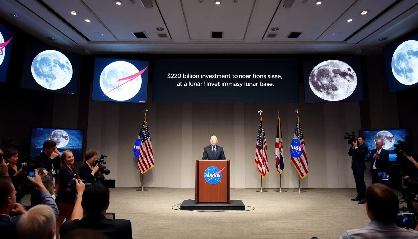 A conceptual illustration showcasing the envisioned lunar base with habitats and research facilities on the Moon's surface, highlighting NASA's commitment to sustainable exploration