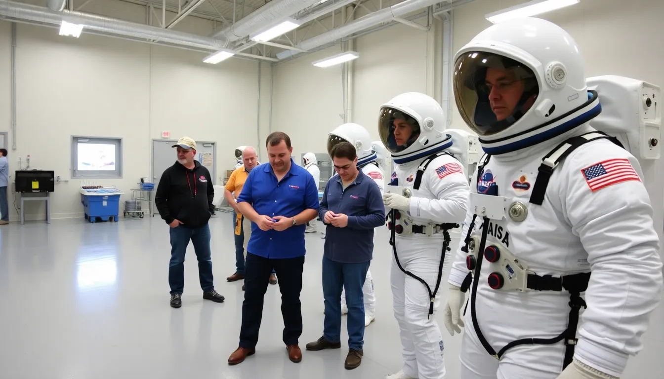 A team of researchers collaborates in the NASA moon spacesuit lab, focusing on the integration of lifesupport systems and ergonomic design to ensure astronauts can effectively carry out their tasks on the Moon