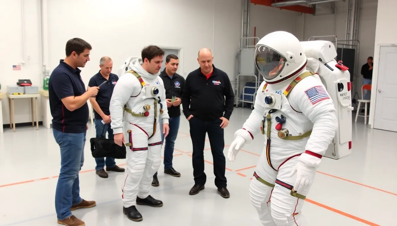 A diagram illustrates the various components of the Artemis program, emphasizing the collaboration between NASA, private aerospace companies, and international partners in the development of advanced spacesuits for lunar exploration