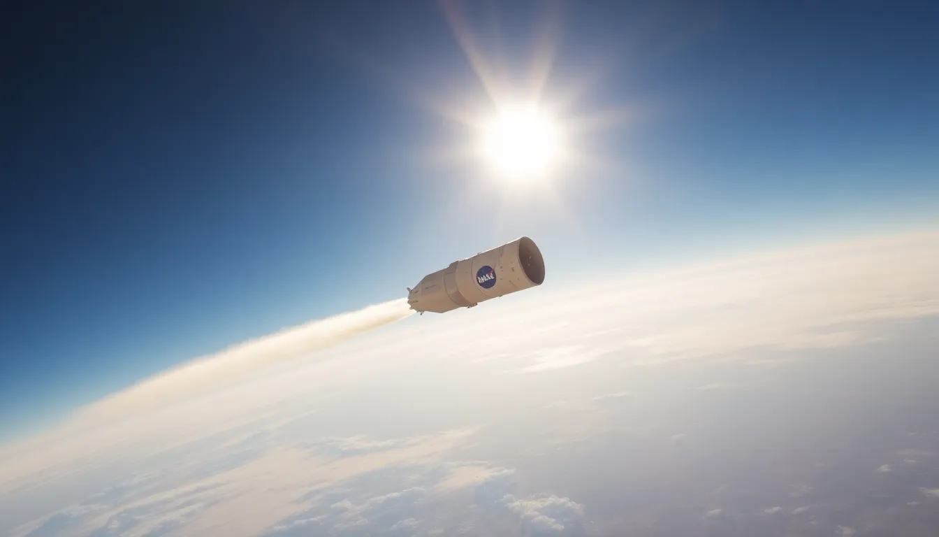 A NASA spacecraft weighing 1,300 pounds descends through Earth's atmosphere, leaving a trail of vapor as it approaches a safe landing after completing its mission.