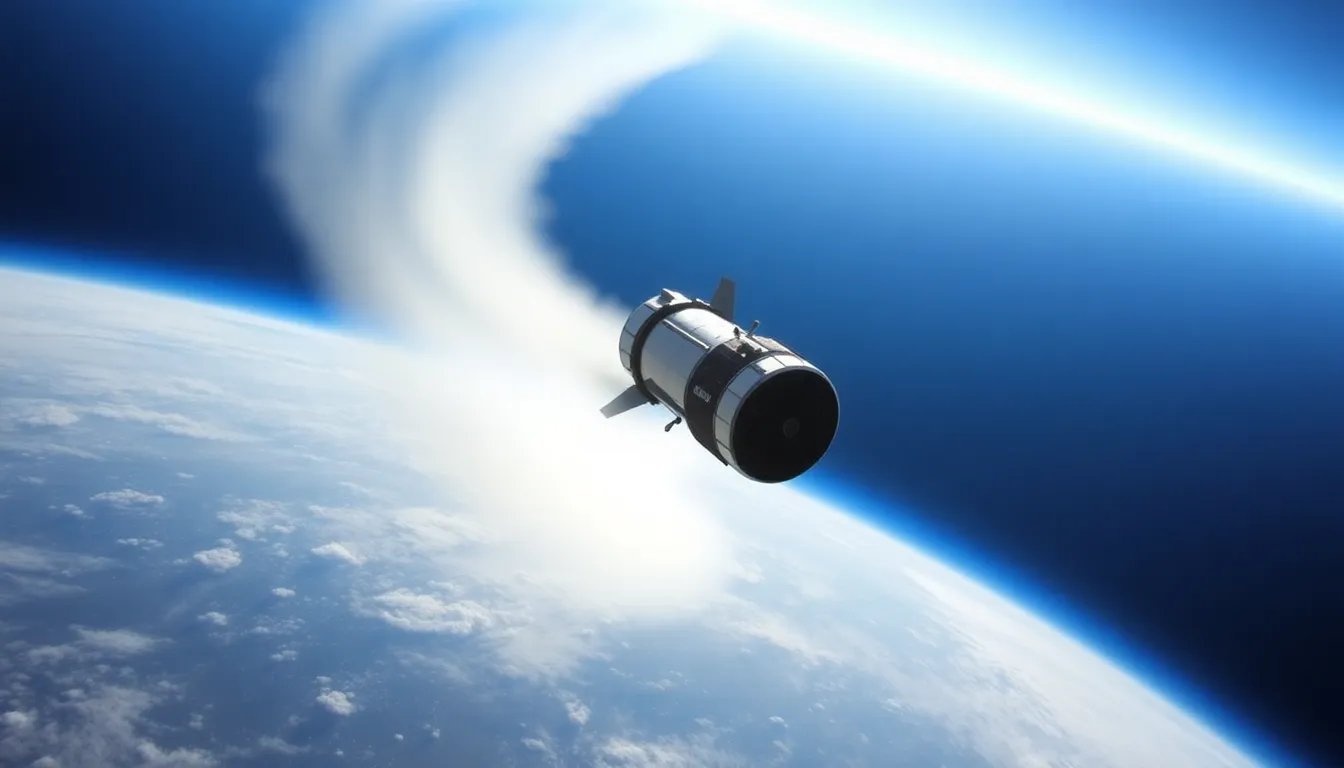 The moment of reentry captures the spacecraft surrounded by a fiery glow as it enters the atmosphere, showcasing advanced aerospace technology