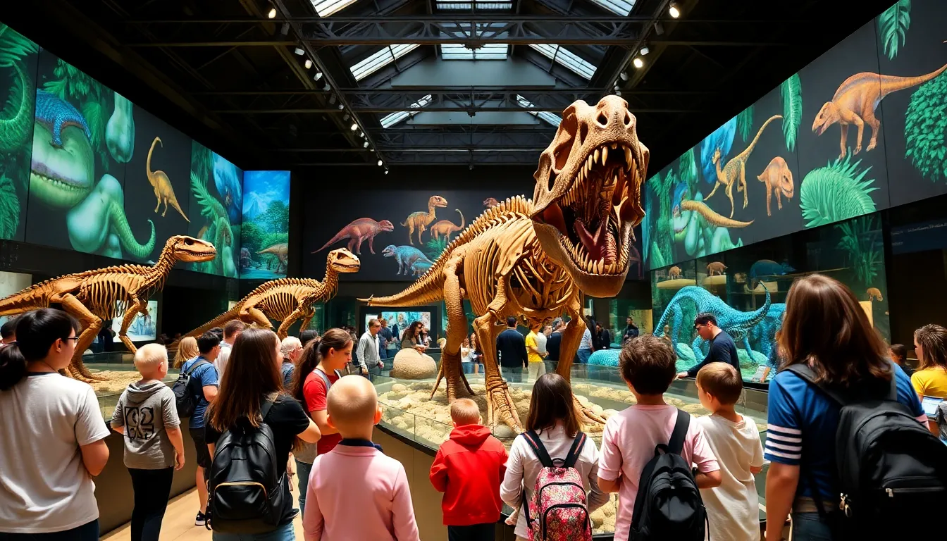 Families gathered around a lifesized dinosaur model, captivated by the educational experience offered at the Natural History Museum
