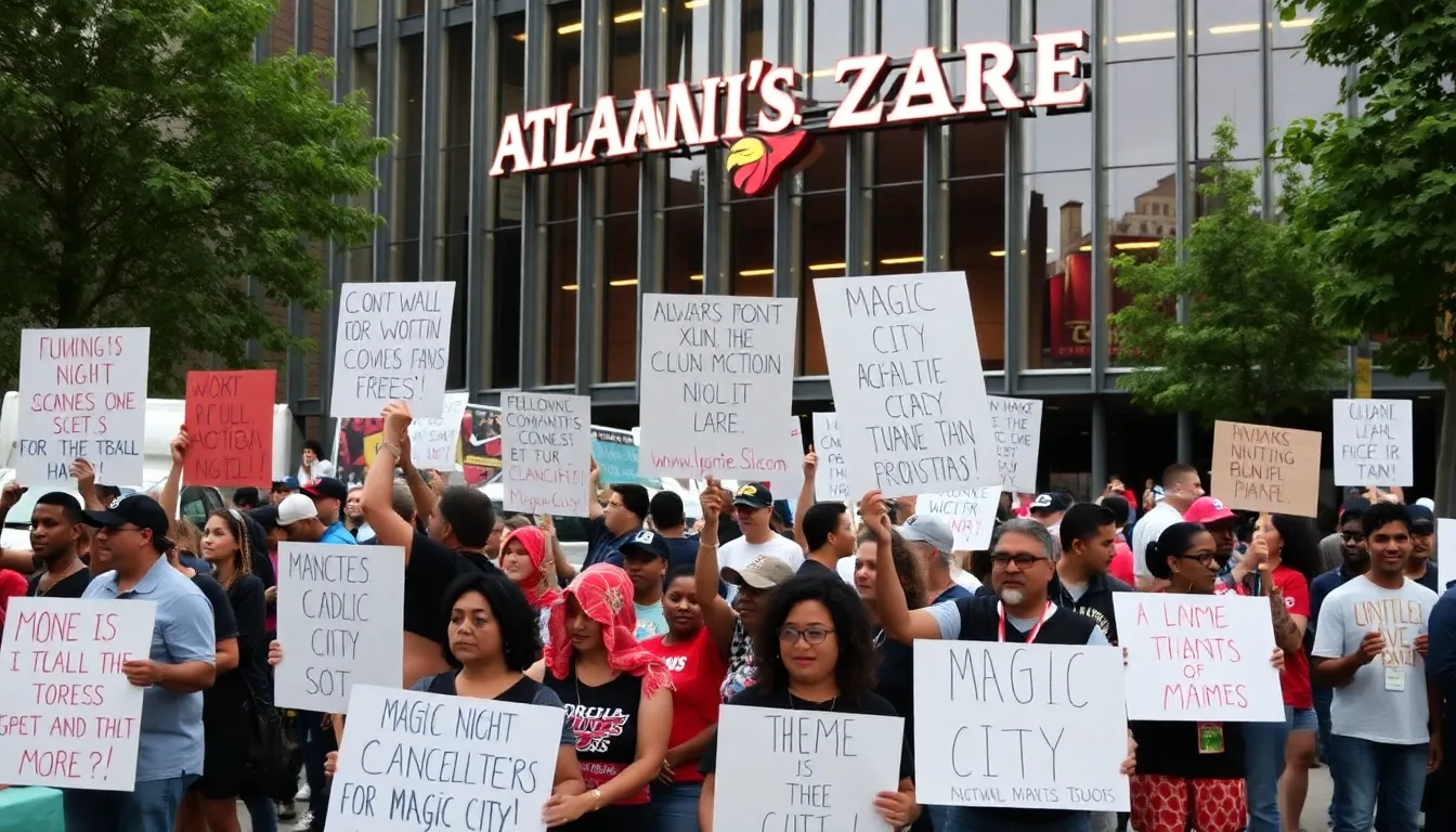 A crowd of fans gathers outside the Atlanta Hawks' arena, holding signs in protest of the canceled theme night with Magic City, reflecting the community's strong opinions on the event.