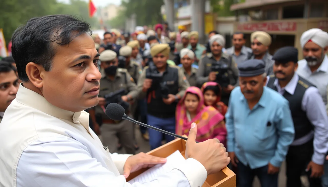 An Indian politician stands at a podium addressing a crowd, moments after a gunshot narrowly misses him during a public event in Amritsar.