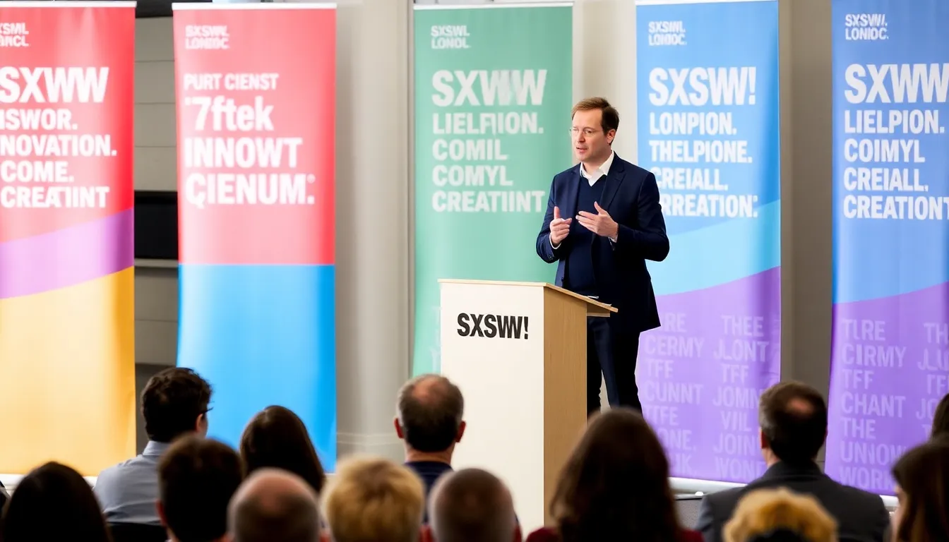 Tom Quinn stands at a podium addressing an audience at SXSW London, surrounded by banners promoting the festival's focus on innovation and creativity.