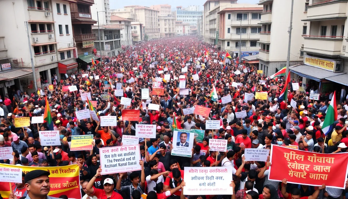 Thousands of protesters fill the streets of Kathmandu, waving banners and chanting slogans demanding the release of former Prime Minister Pushpa Kamal Dahal following his arrest amid escalating unrest.