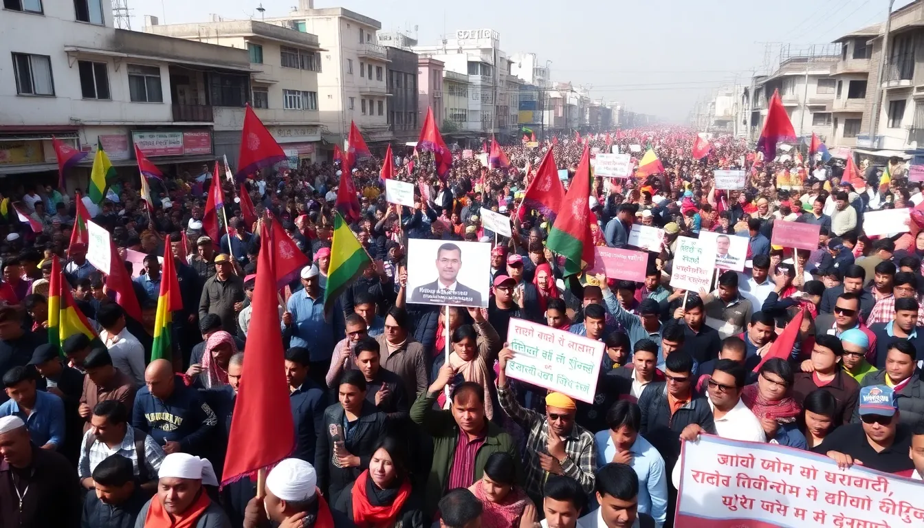 A tense standoff unfolds between protesters and security forces, with a heavy police presence aimed at controlling the crowd during the unrest